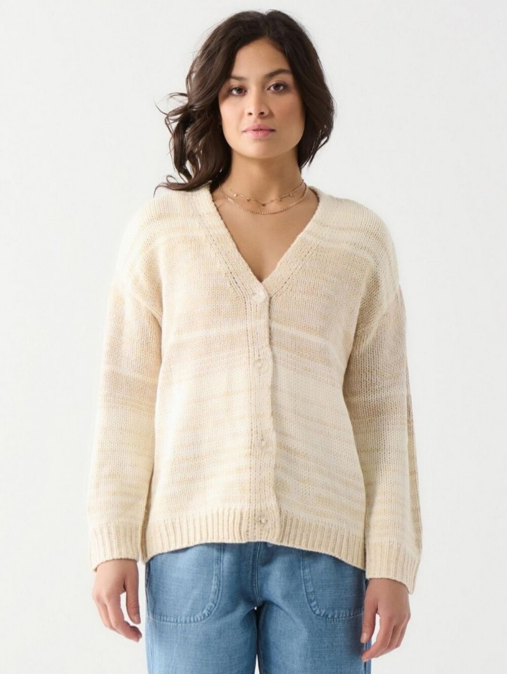 Relaxed V-Neck Button Cardigan Sweater in Cream Marled